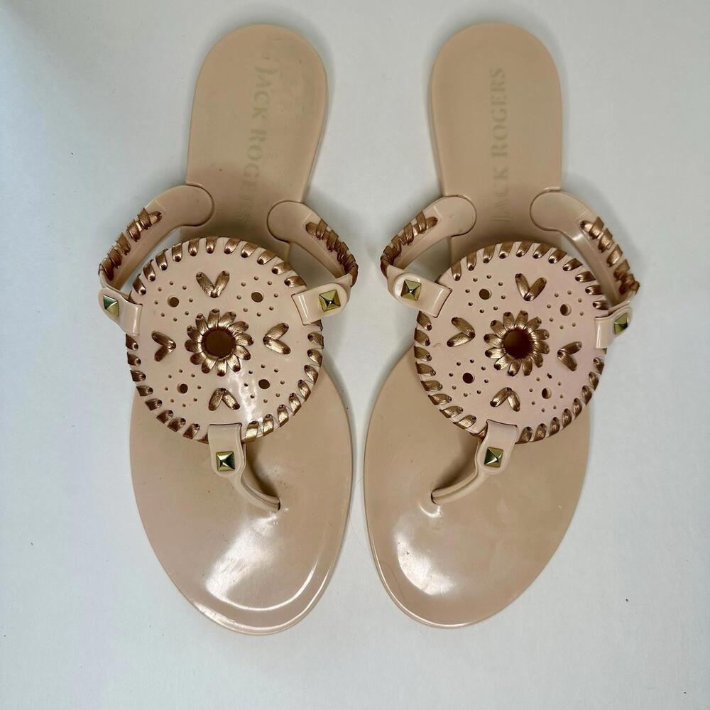 Jack Rogers Georgica Blush Pink Jelly Thong Sandals Size 9 Gold Leather MSRP $60
